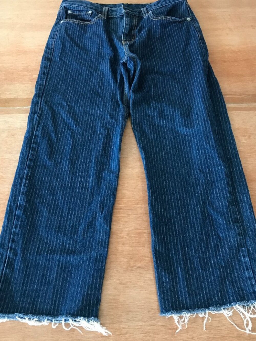 Levi's Low Pro Straight Leg Jeans Women 28 Blue Pinstripe Raw Hem High Rise